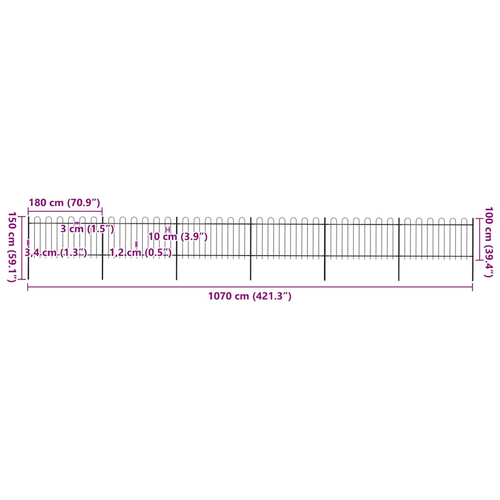 Recinzione da Giardino con Parte Superiore ad Anello in Acciaio 1070x100 cm Nero - homemem39