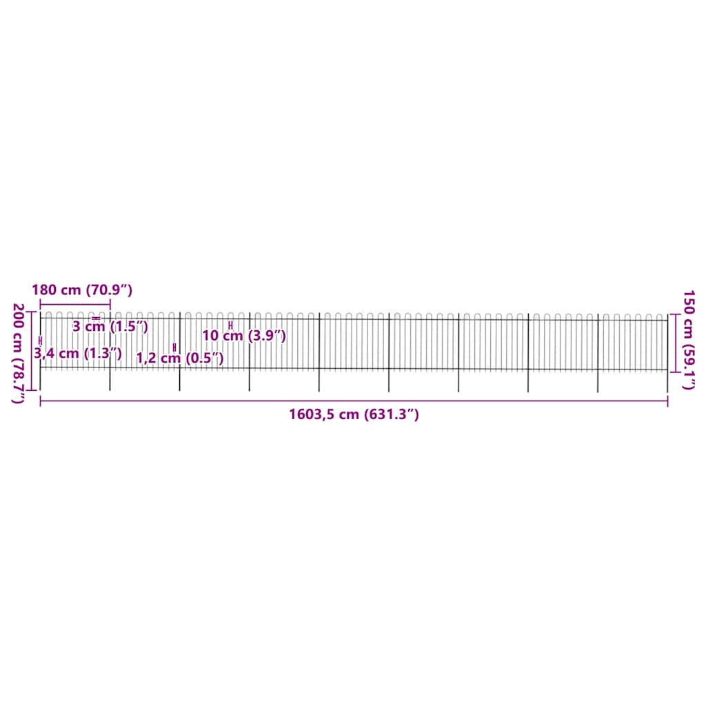 Recinzione da Giardino con Parte Superiore ad Anello in Acciaio 1603,5x150 cm Nero