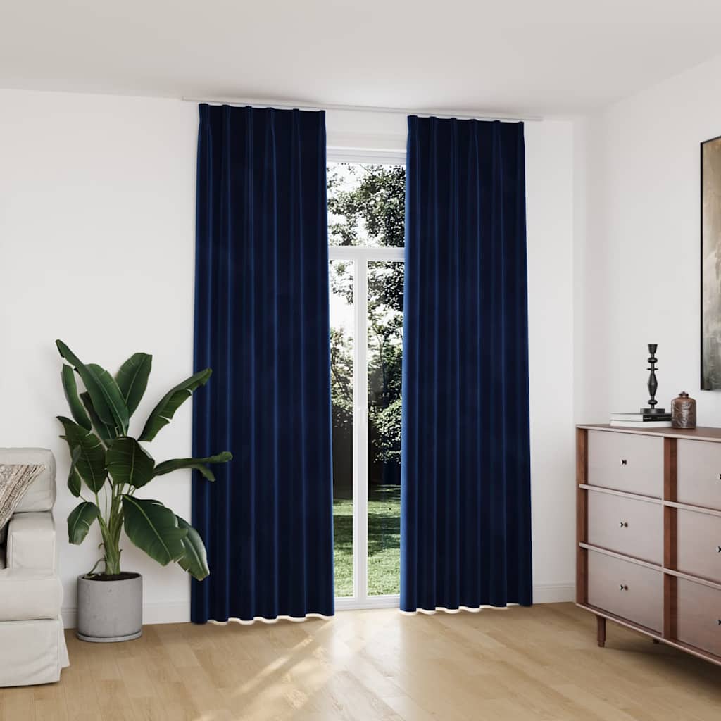 Tende Oscuranti con Ganci 2 pz Blu Scuro in Velluto 140x245 cm