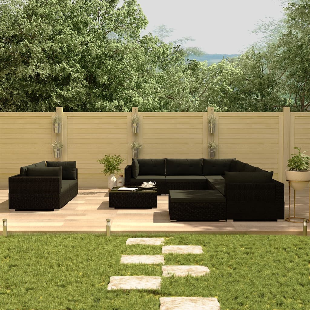 Set Divani da Giardino 10 pz con Cuscini in Polyrattan Nero - homemem39