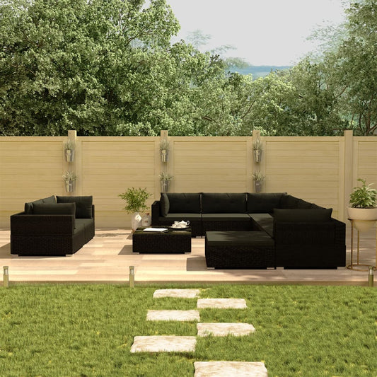 Set Divani da Giardino 10 pz con Cuscini in Polyrattan Nero - homemem39