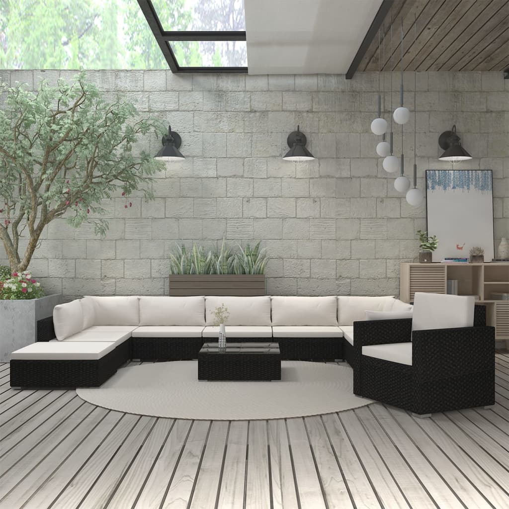 Set Divani da Giardino 11 pz con Cuscini in Polyrattan Nero - homemem39