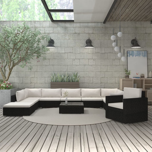 Set Divani da Giardino 11 pz con Cuscini in Polyrattan Nero - homemem39