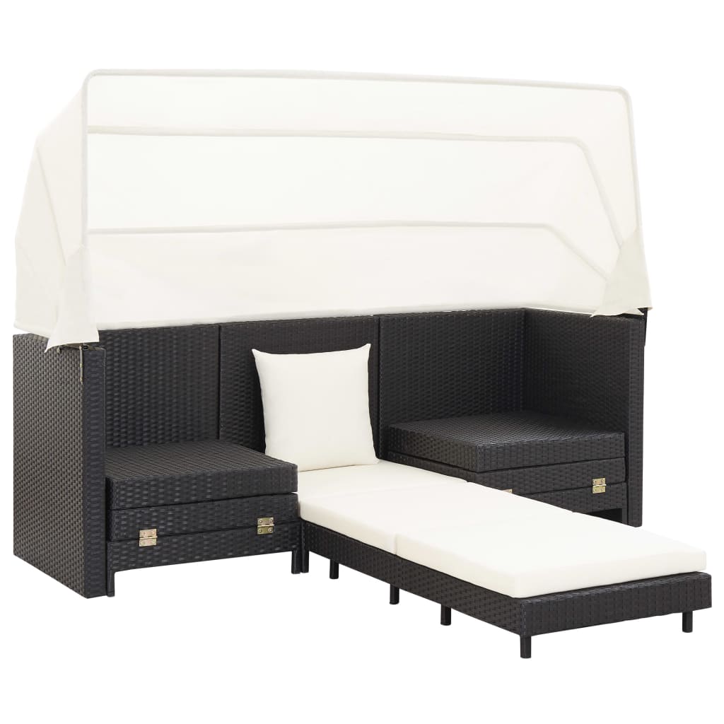 Divano Letto a 3 Posti Estendibile con Tetto Polyrattan Nero | homemem39