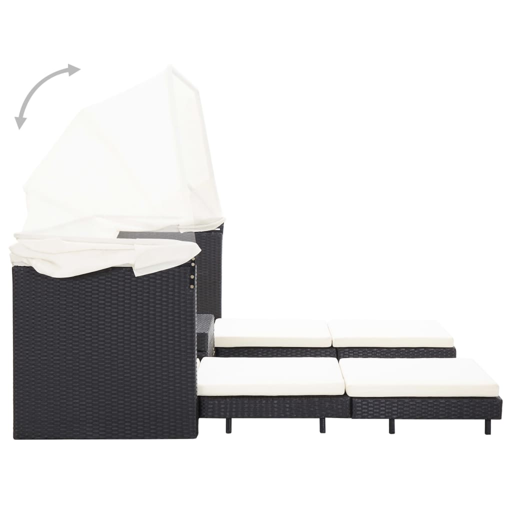 Divano Letto a 3 Posti Estendibile con Tetto Polyrattan Nero | homemem39