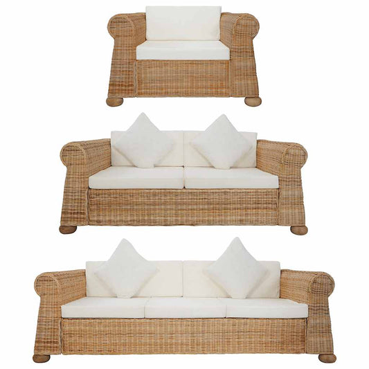 Set di Divani 3 pz con Cuscini in Rattan Naturale