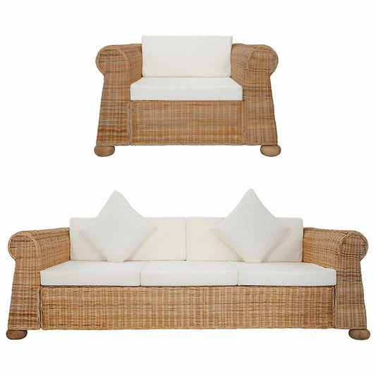 Set di Divani 2 pz con Cuscini in Rattan Naturale