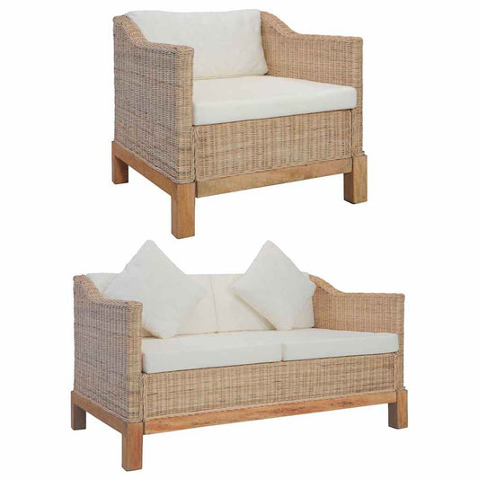Set di Divani 2 pz con Cuscini in Rattan Naturale