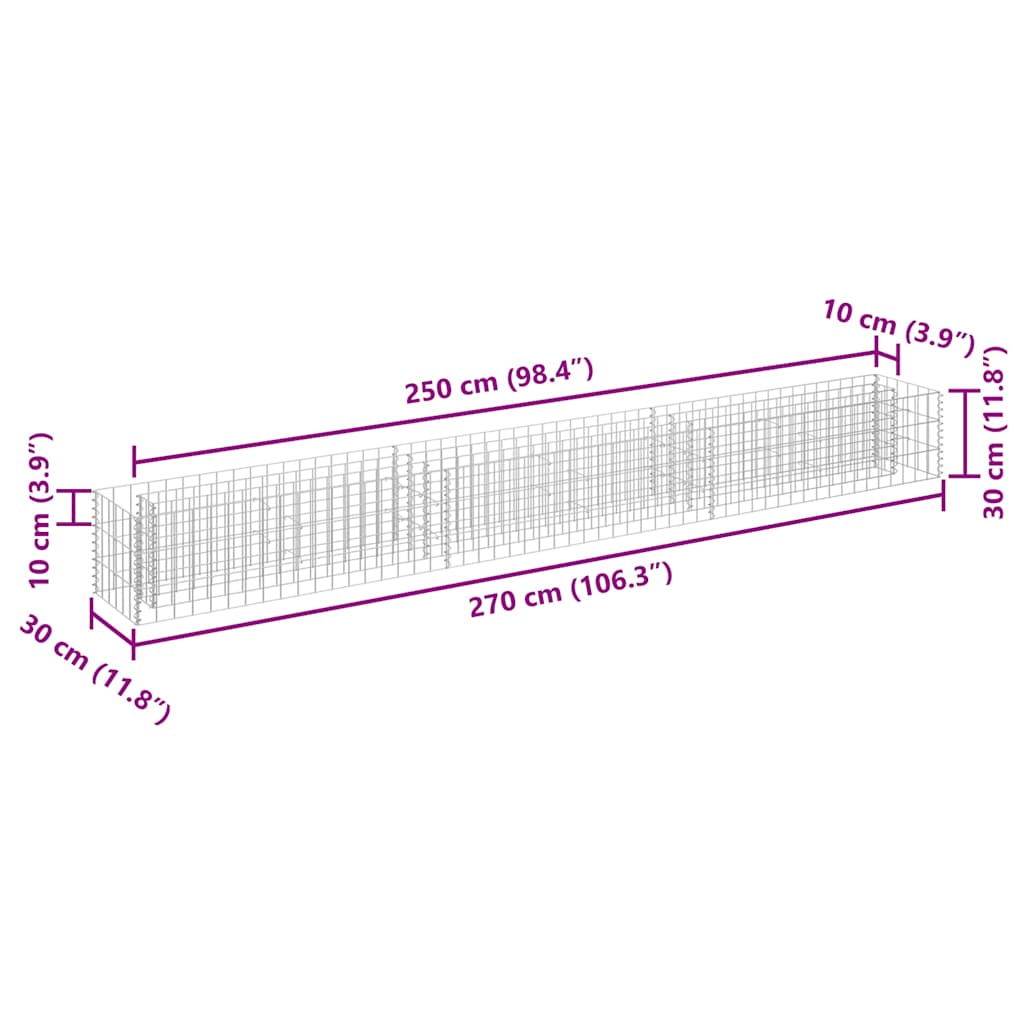 Gabbione Letto Rialzato in Acciaio Zincato 270x30x30 cm - homemem39