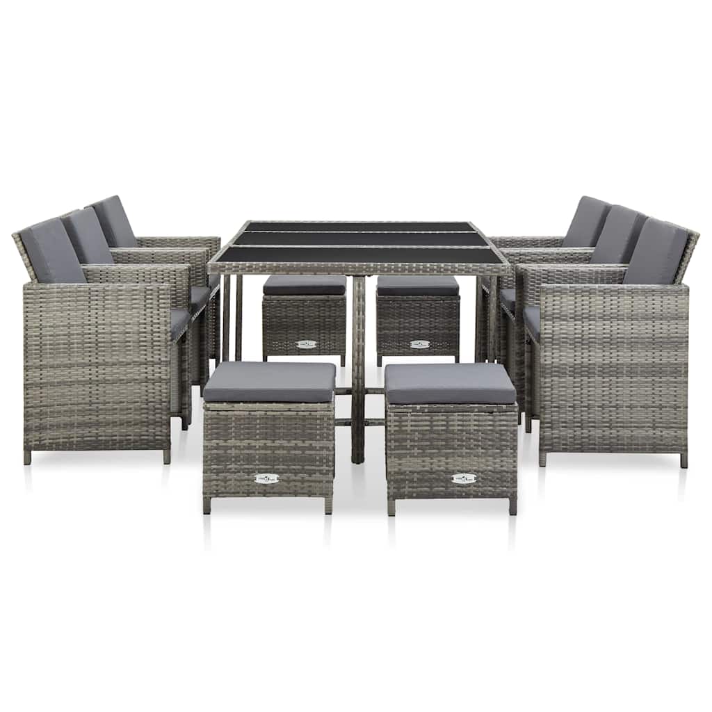 Set da Pranzo da Giardino 11 pz con Cuscini Polyrattan Grigio