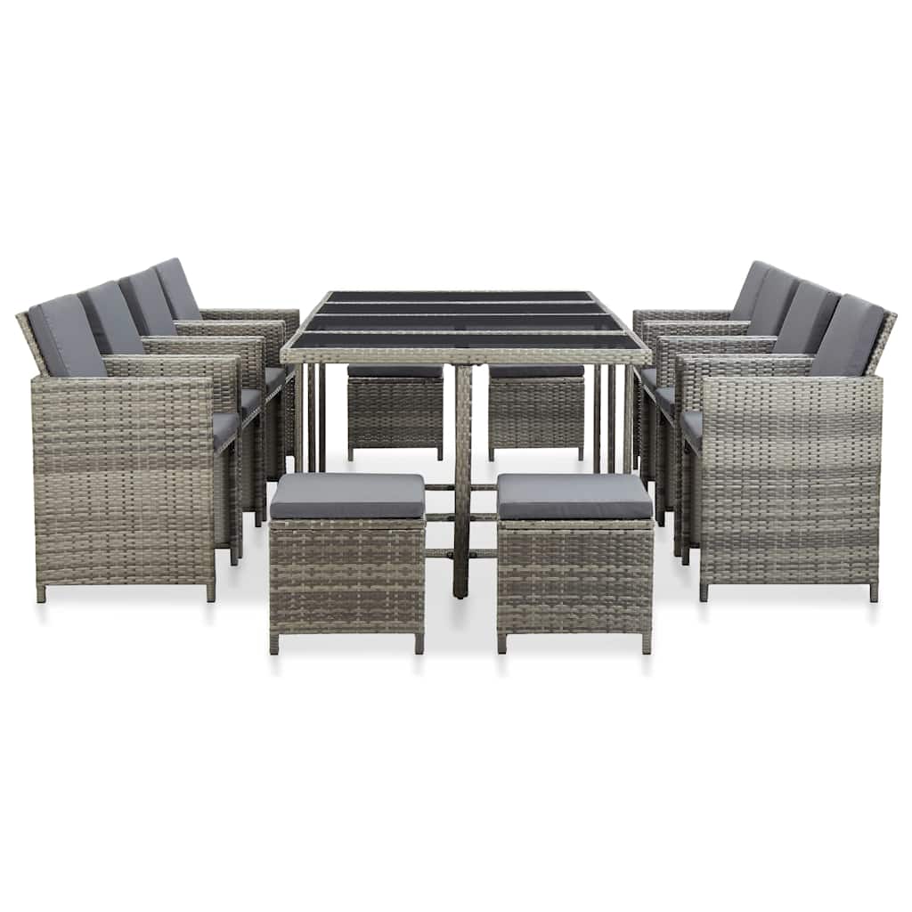 Set da Pranzo da Giardino 13pz con Cuscini in Polyrattan Grigio
