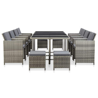 Set da Pranzo da Giardino 13pz con Cuscini in Polyrattan Grigio