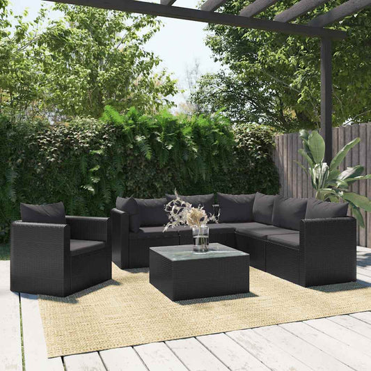 Set Divani da Giardino 7 pz con Cuscini in Polyrattan Nero | homemem39