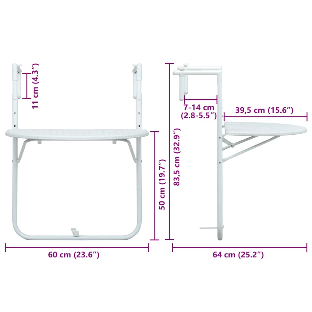 Tavolo da Balcone Pensile Bianco 60x64x83,5cm Plastica Rattan | homemem39