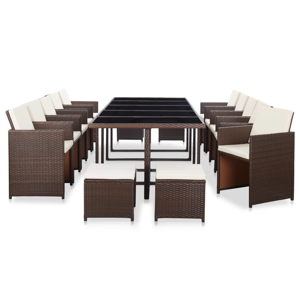 Set da Pranzo da Giardino 15 pz con Cuscini Polyrattan Marrone