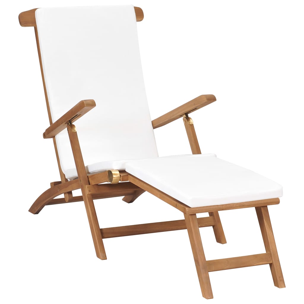 Sedia a Sdraio con Cuscino Bianco Crema Legno Massello di Teak - homemem39