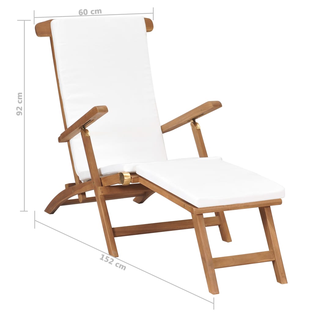 Sedia a Sdraio con Cuscino Bianco Crema Legno Massello di Teak - homemem39