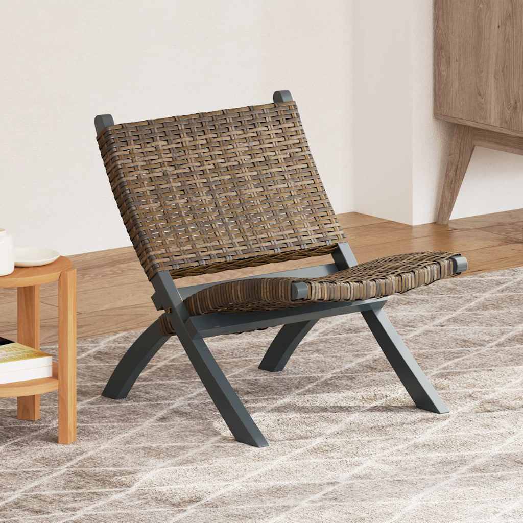 Sedia Relax Grigia in Rattan Kubu Naturale e Mogano Massello