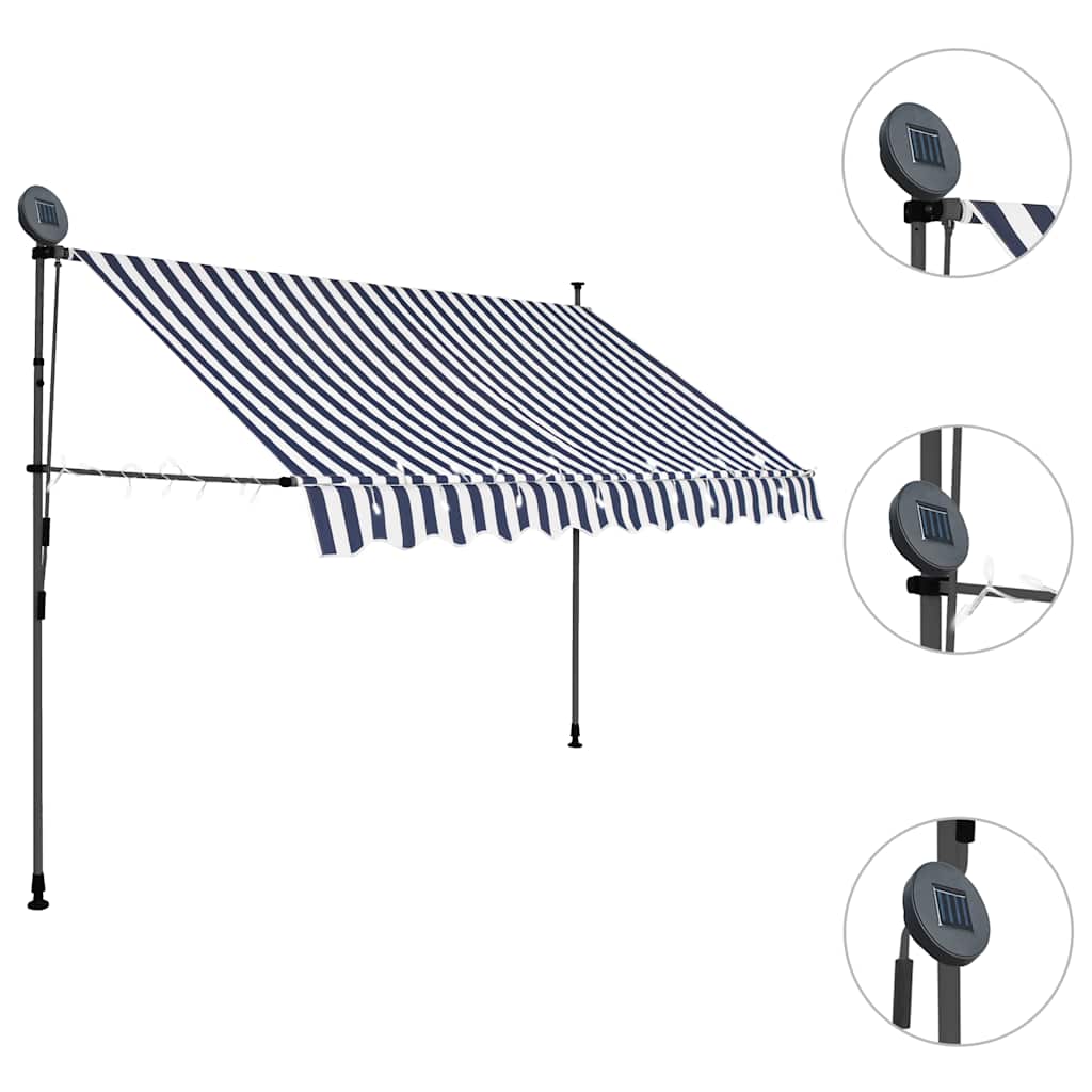 Tenda da Sole Retrattile Manuale con LED 250 cm Blu e Bianca