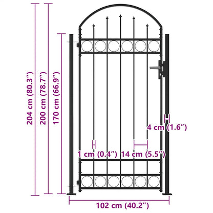 Cancello per recinzione ASSEN con parte superiore ad arco e 2 pali 105x170 cm Nero | homemem39