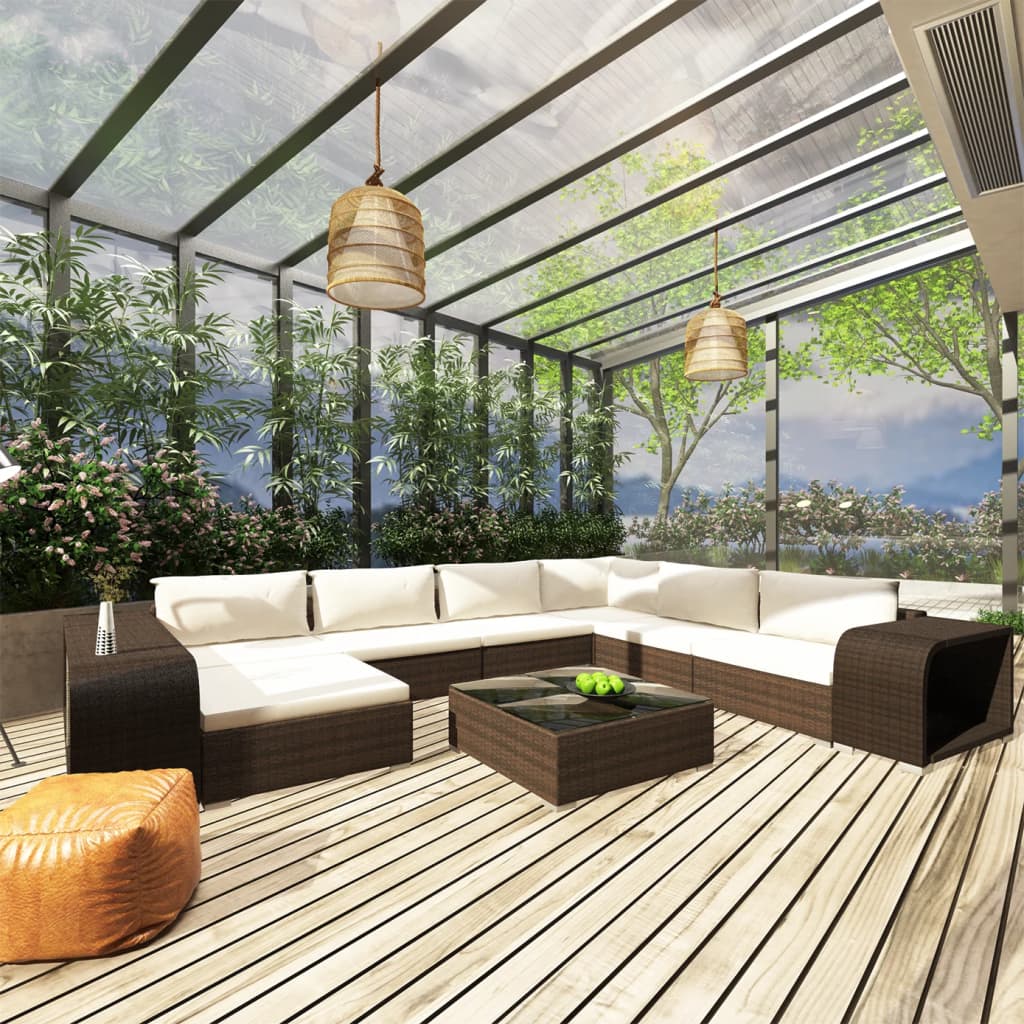 Set Divani da Giardino 10 pz con Cuscini in Polyrattan Marrone | homemem39