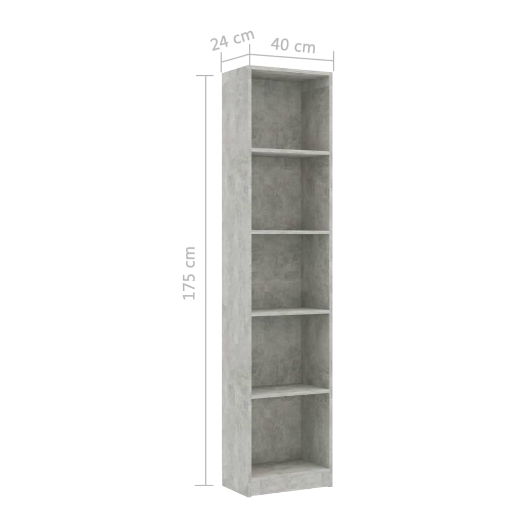 Libreria 5 Ripiani Grigio Cemento 40x24x175cm Legno Multistrato | homemem39