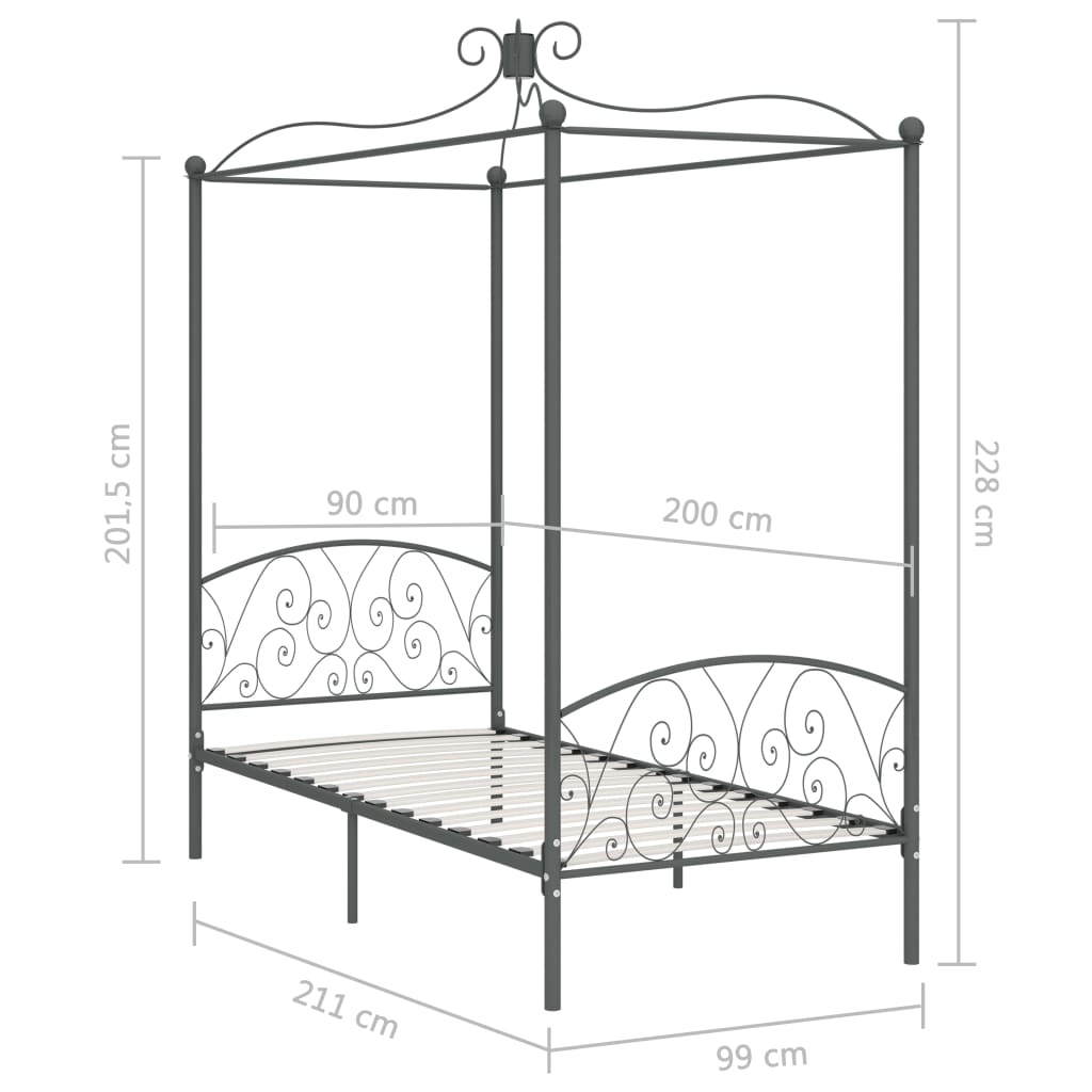Letto a Baldacchino Grigio in Metallo 90x200 cm | homemem39