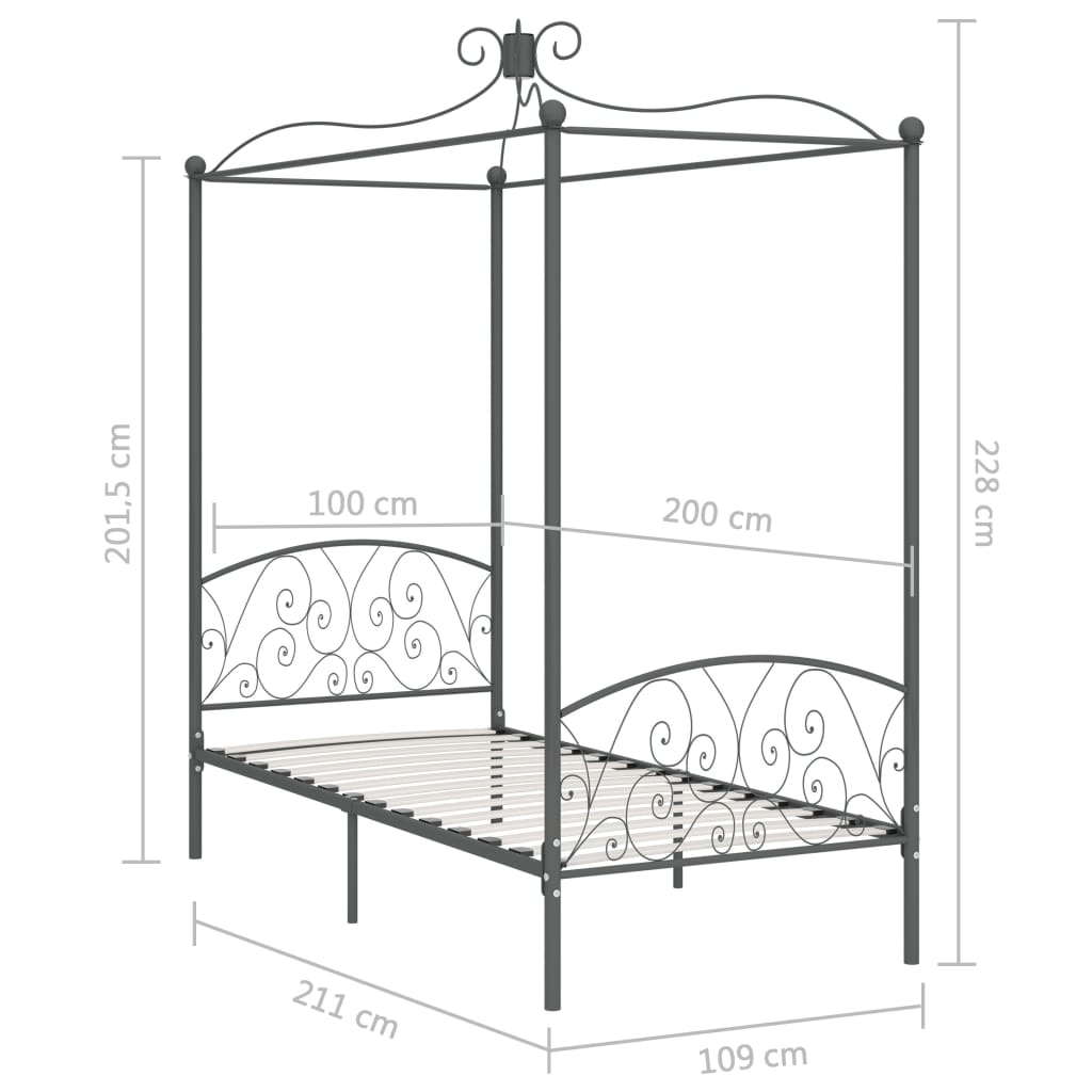 Letto a Baldacchino Grigio in Metallo 100x200 cm | homemem39