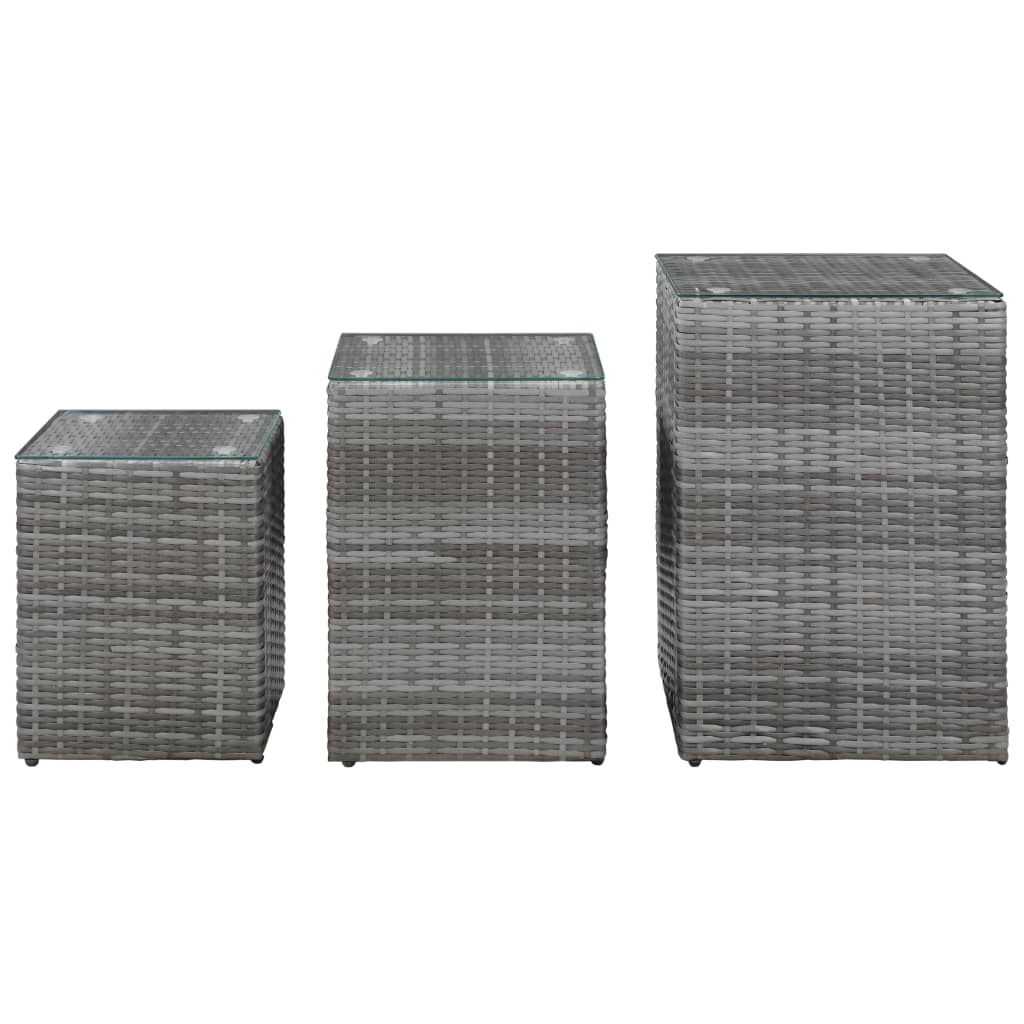 Tavolini Laterale 3 pz con Piano in Vetro Grigi in Polyrattan | homemem39