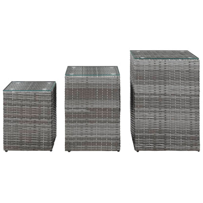Tavolini Laterale 3 pz con Piano in Vetro Grigi in Polyrattan | homemem39