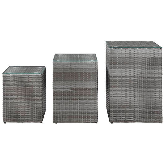 Tavolini Laterale 3 pz con Piano in Vetro Grigi in Polyrattan | homemem39