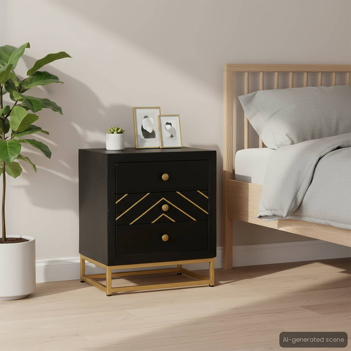 Comodino Nero e Oro 40x30x50 cm in Legno Massello di Mango