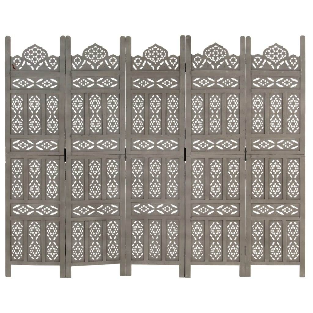 Divisorio 5 Pannelli Intagliato Grigio 200x165cm Mango Massello - homemem39