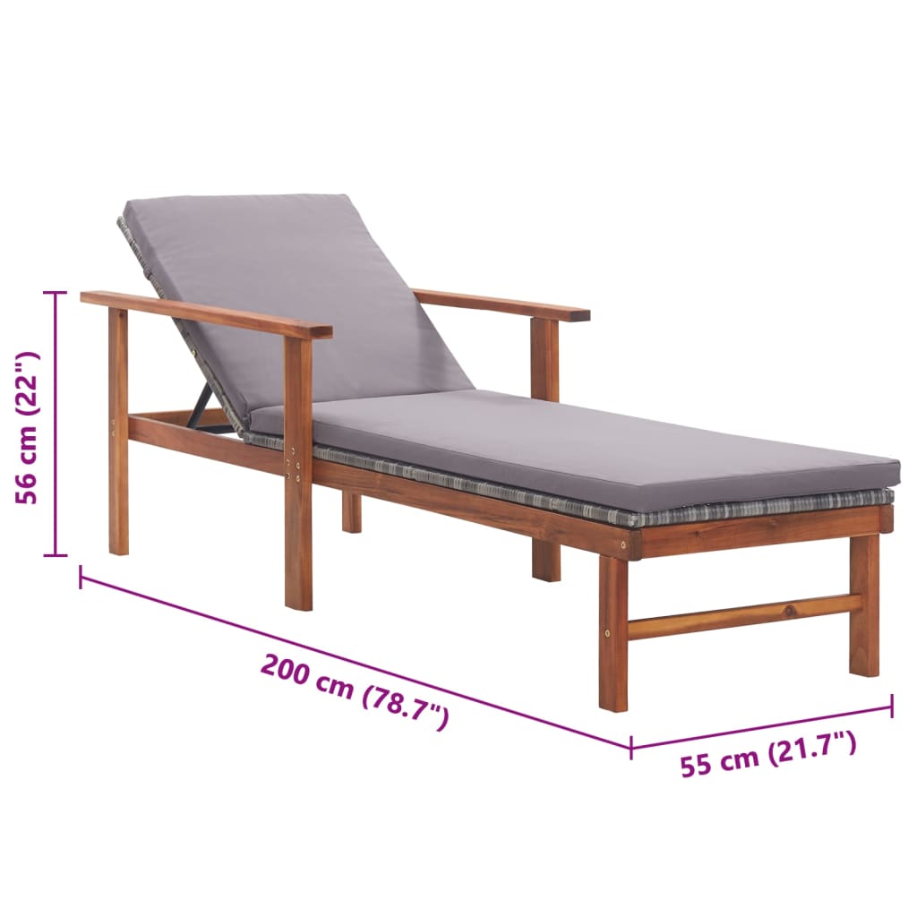 Sdraio con Cuscino Polyrattan e Legno Massello di Acacia Grigia - homemem39