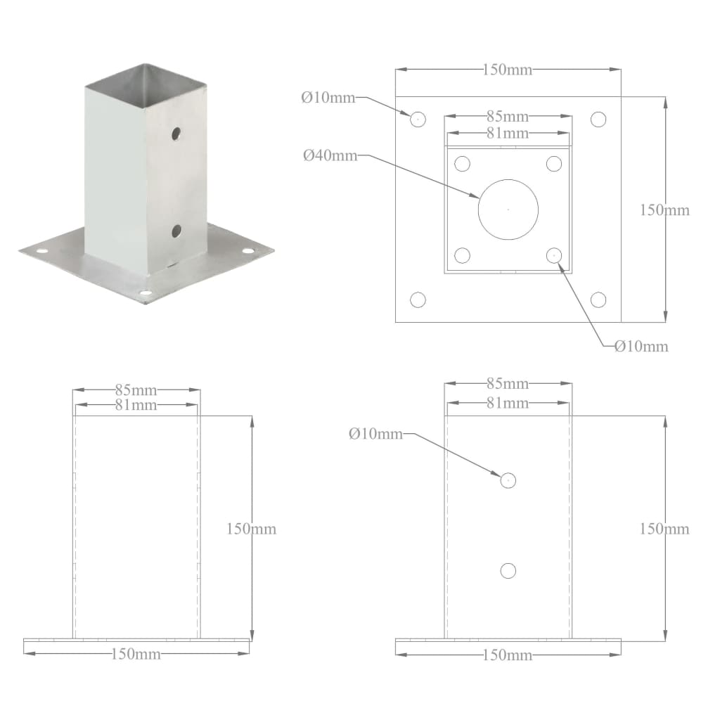 Ancoraggi Pali 4 pz in Metallo Zincato 81 mm | homemem39
