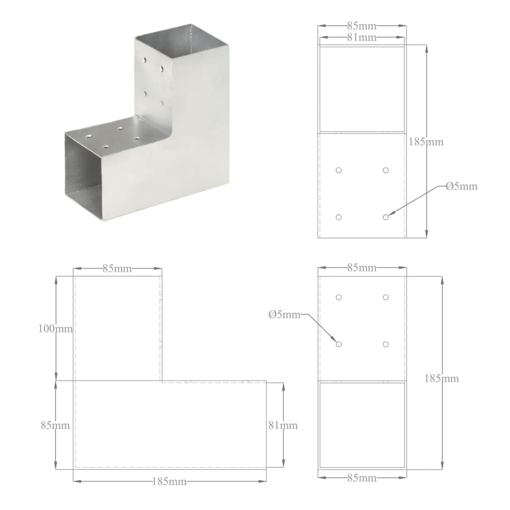 Connettore per Pali a Forma di L in Metallo Zincato 81x81 mm | homemem39