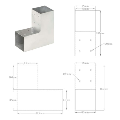 Connettori per Pali a Forma di L 4 pz Metallo Zincato 81x81 mm | homemem39