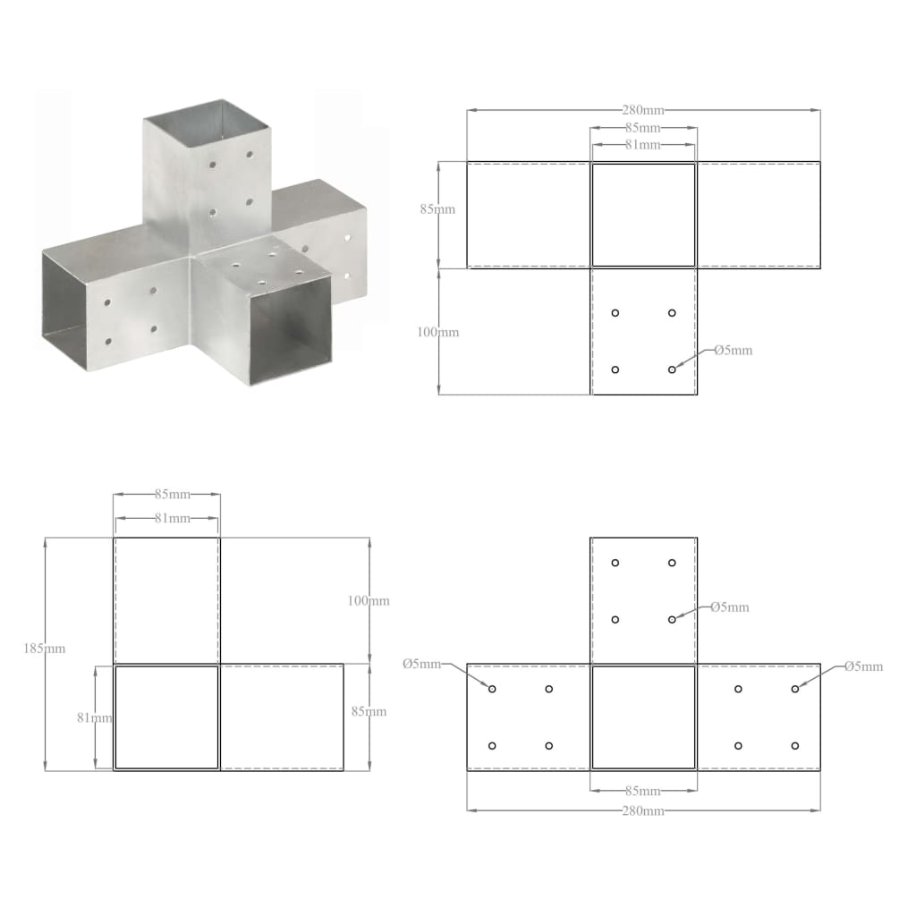 Connettori per Pali a Forma di X 4 pz Metallo Zincato 81x81 mm | homemem39