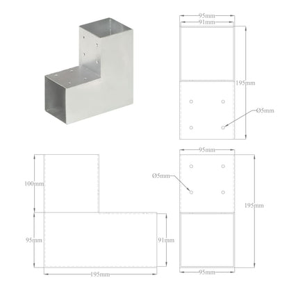 Connettori per Pali a Forma di L 4 pz Metallo Zincato 91x91 mm | homemem39