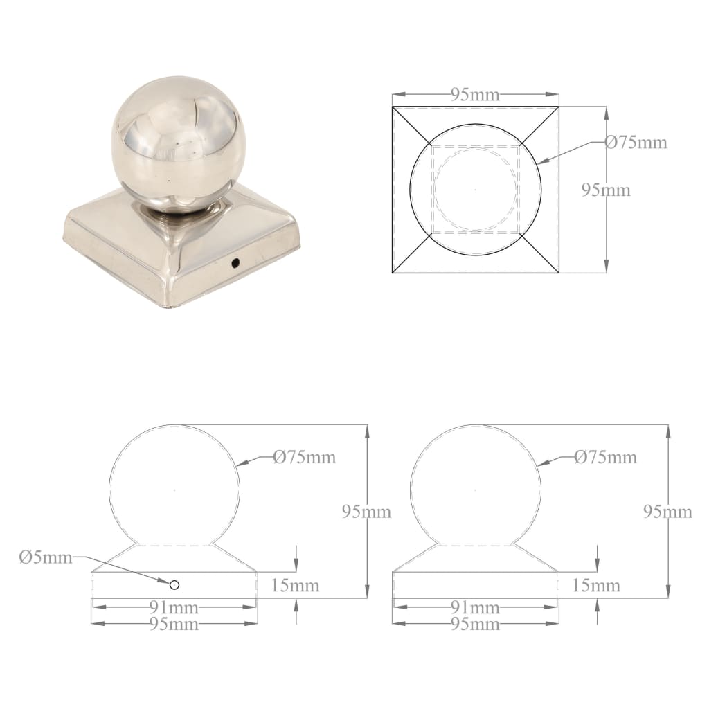 Tappi per Pali 6 pz Estremità a Globo in Acciaio Inox 91x91 mm | homemem39