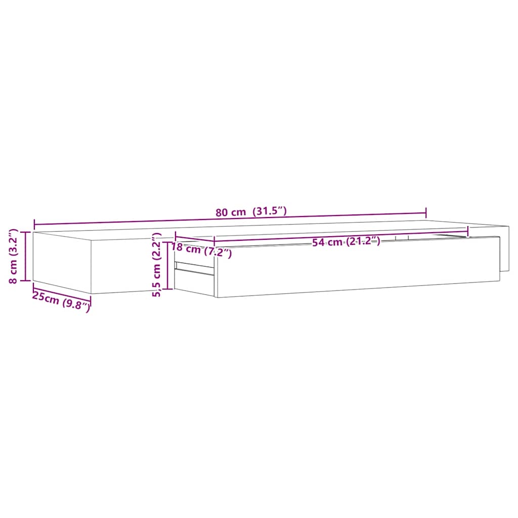 Mensola a Muro Galleggianti con Cassetto Nera 80x25x8 cm | homemem39
