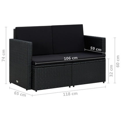 Divano da Giardino a 2 Posti con Cuscini Nero in Polyrattan | homemem39