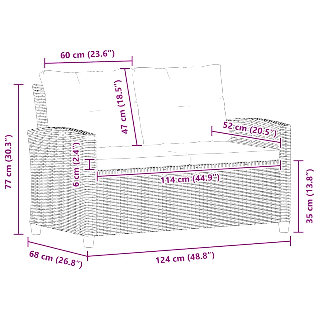 Divano da Giardino 2 Posti con Cuscini Nero 124 cm Polyrattan