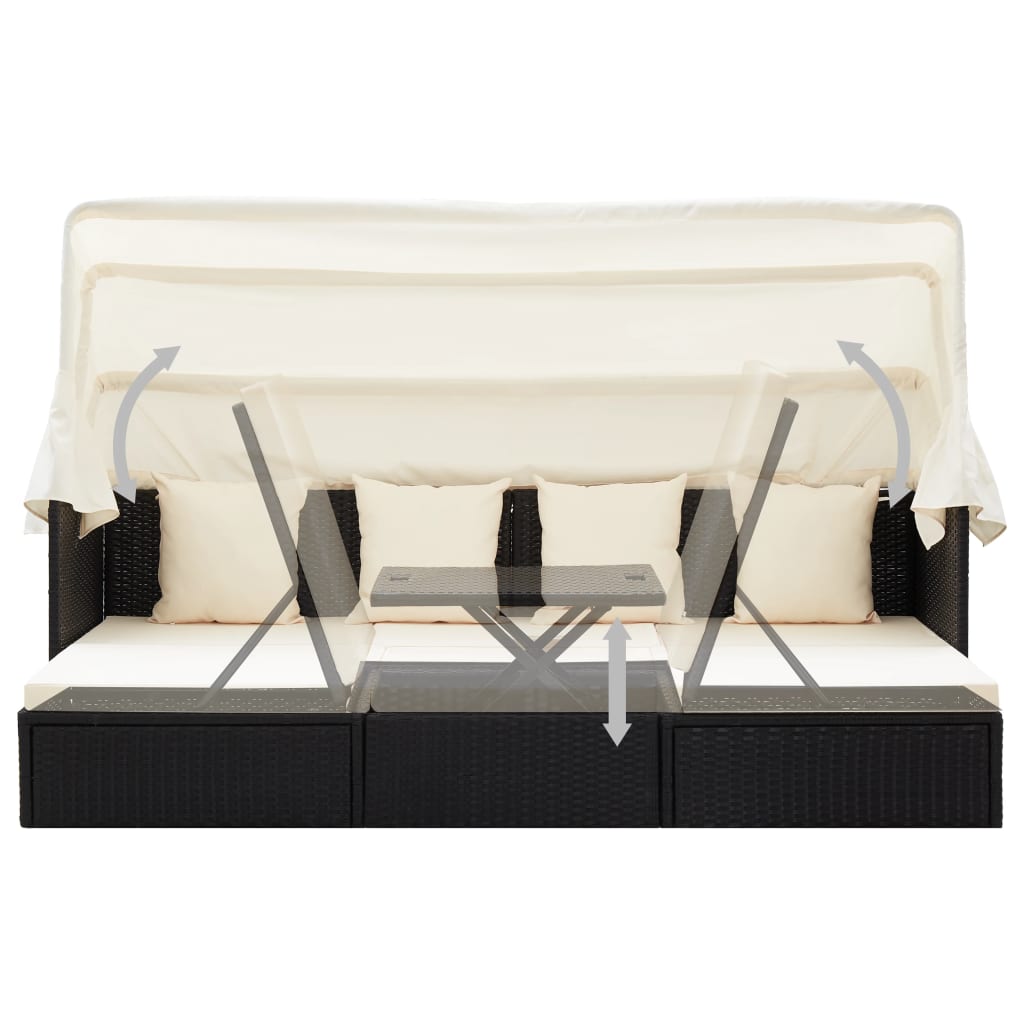 Lettino da Giardino con Tettuccio in Polyrattan Nero - homemem39