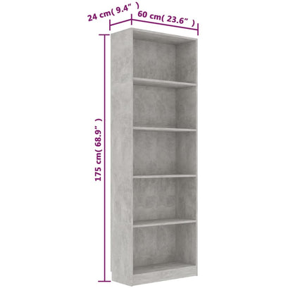 Libreria 5 Ripiani Grigio Cemento 60x24x175cm Legno Multistrato
