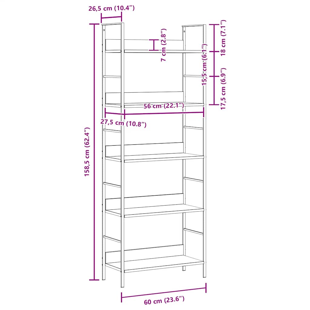 Scaffale Libri 5 Ripiani Nero 60x27,6x128,5cm Legno Multistrato | homemem39
