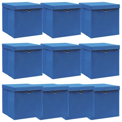 Scatole Portaoggetti con Coperchi 10pz Blu 32x32x32 cm Tessuto - homemem39