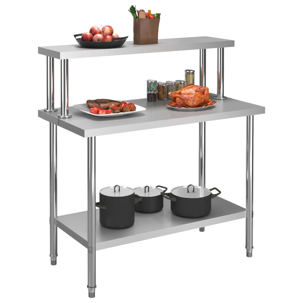 Tavolo Lavoro Cucina con Mensola 120x60x120 cm in Acciaio Inox - homemem39
