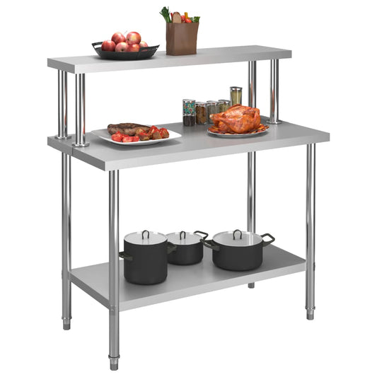 Tavolo Lavoro Cucina con Mensola 120x60x120 cm in Acciaio Inox - homemem39