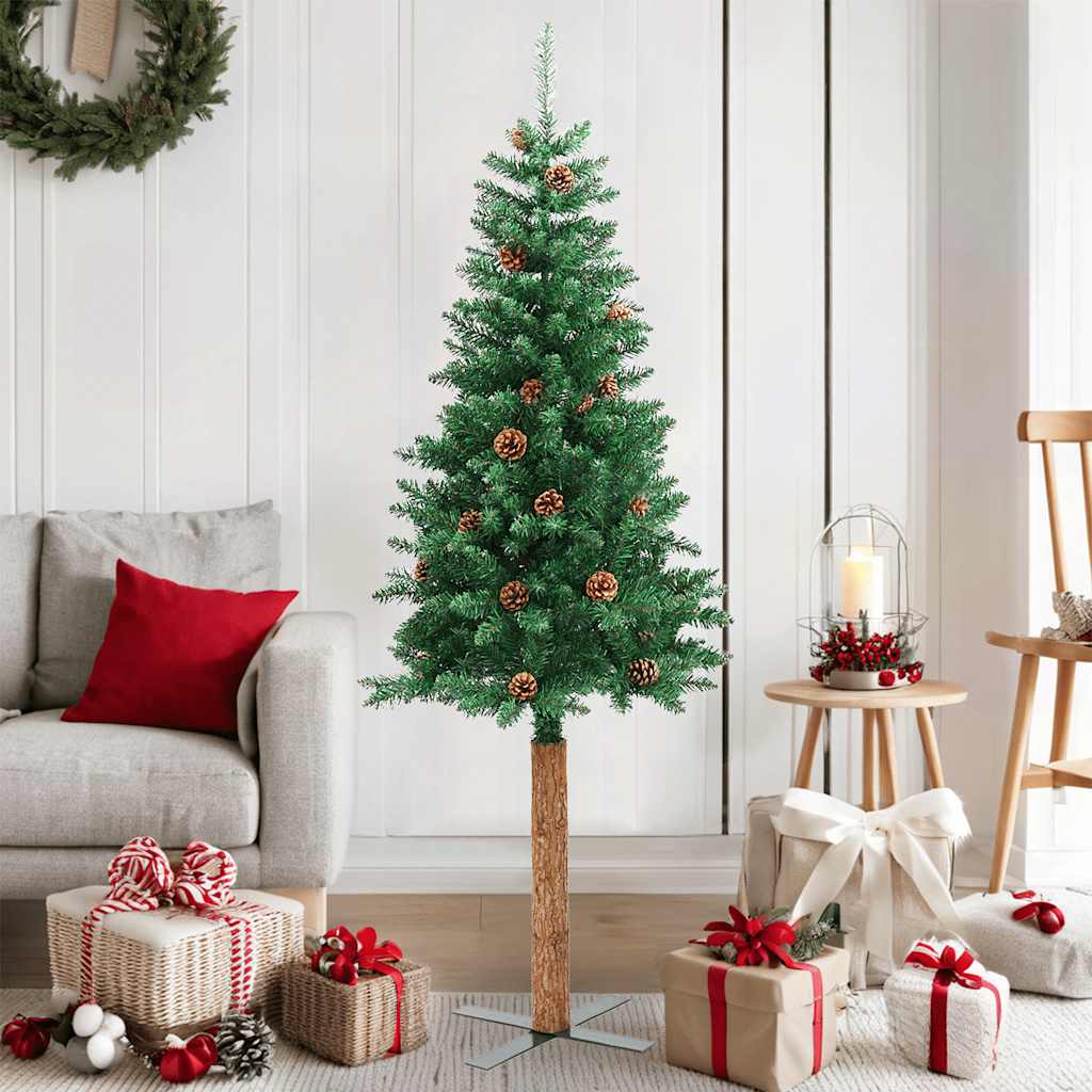 Albero di Natale Sottile con Legno Vero e Pigne Verde 150cm PVC